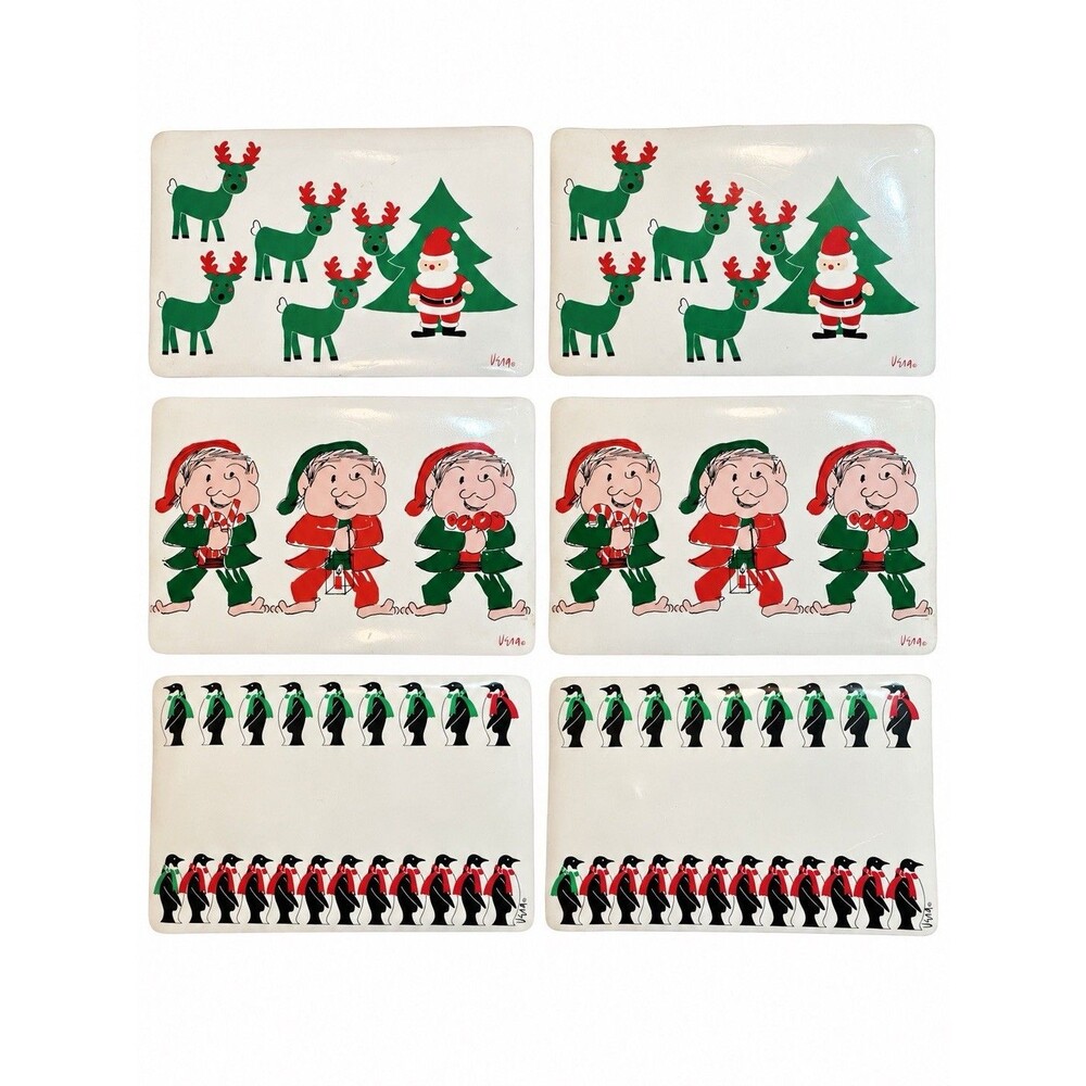 Vintage Vera Neumann Christmas Placemats Lot of 6 Santa Elves Penguins Vinyl